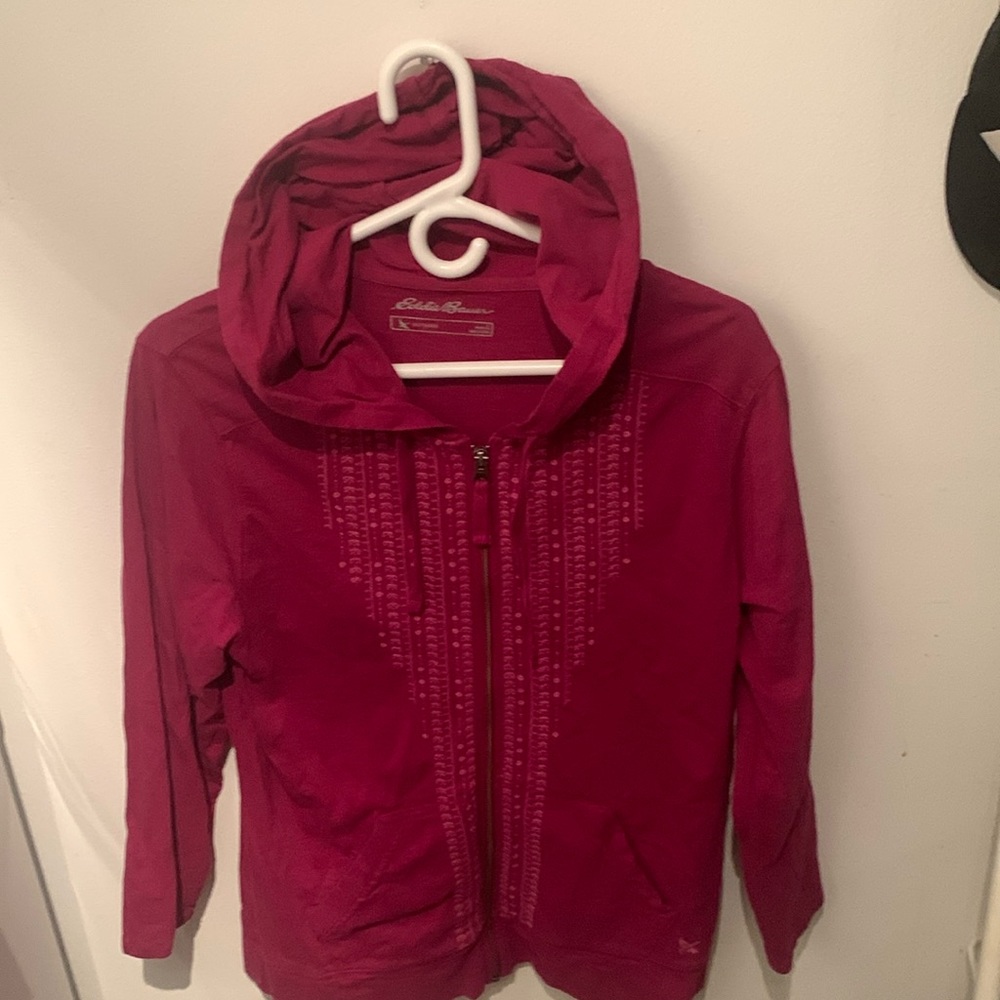 Fantastic Eddie Bauer Outdoor Embroidered Magenta Full Zip Fall Hoodie Beautiful